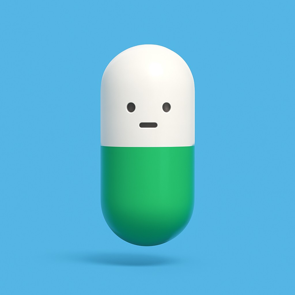 A cheap plastic capsule character, white top half and bright green bottom half, plain dot eyes, standing on a flat sky-blue background like a mobile-game store thumbnail
